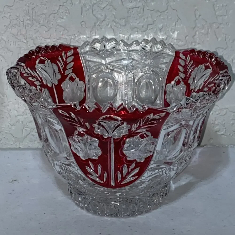 VTG Anna Hutte Bleikristall Germany Lead Crystal Floral Ruby Red Bowl Goblet Set